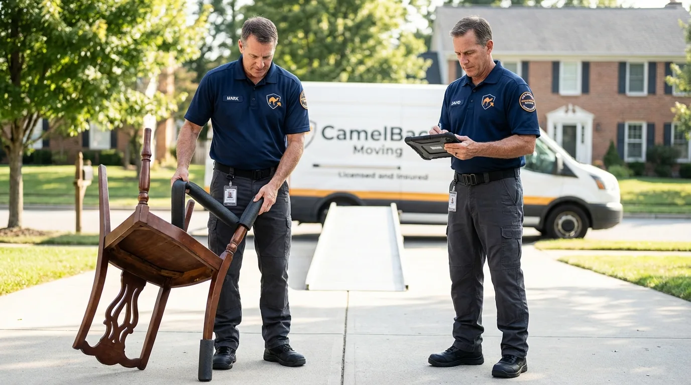 Movers inspecting furniture for damage prevention before loading in Pass Christian, MS
