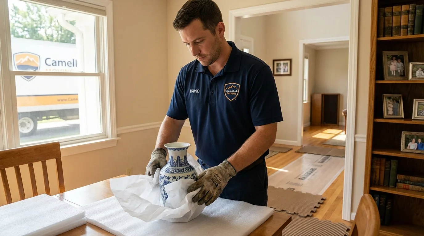 Professional crew carefully wrapping antique vase for senior downsizing move in Pass Christian, MS